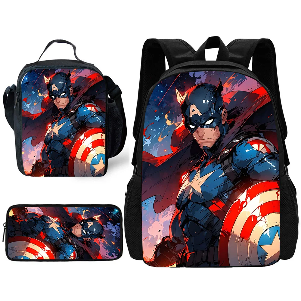 3 pcs set Anime Captains Americas Child School Backpack with Lunch Bags ,Pencil Bags ,School Bags for Boys Girls Best Gift