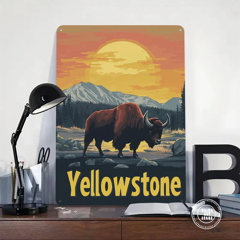 Yellowstone Bison Sunset Personalized 3D Textured Metal Poster Wall Art Vintage Tin Signs for Decoration Room Ornaments Bedroom