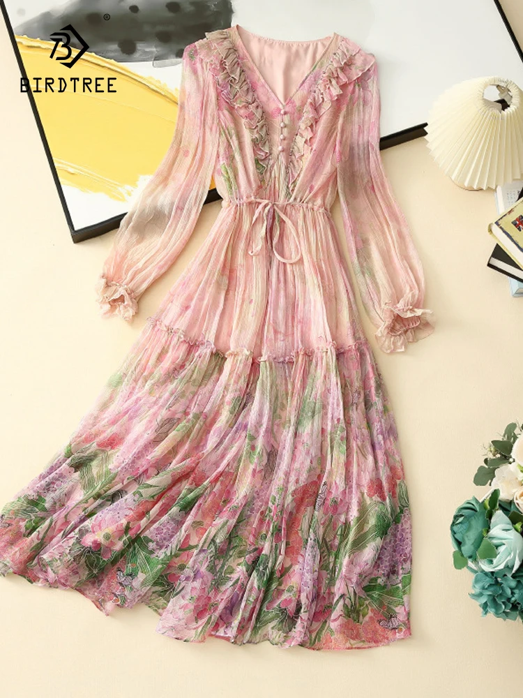 

Birdtree 100%Mulberry Silk Tcyeek High-End Dresses Spring Summer Print Dress 2023 Elegant Women Vestidos Mujer Clothes D37528QC