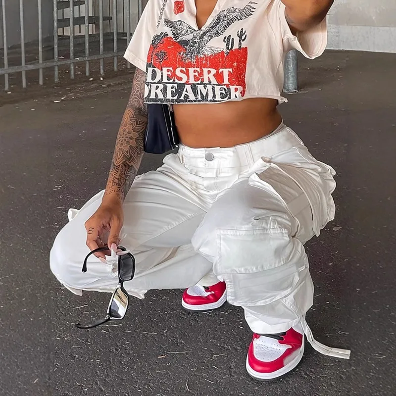 Nueva ropa de mujer de comercio exterior europea y americana estilo callejero Hip-hop cintura baja herramientas multibolsillos pantalones casuales largos