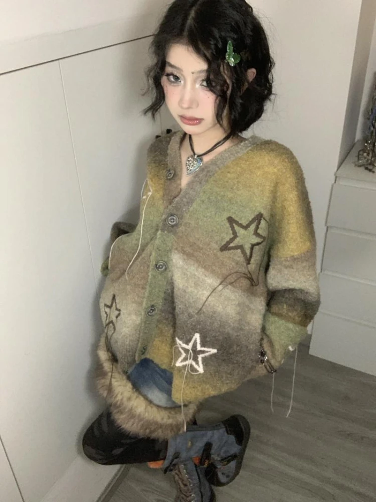 Vintage Loose Embroidery Star Grunge Cardigans Casual Women Single Breasted Sweaters New Fashion Y2k Aesthetic Harajuku Knitwear