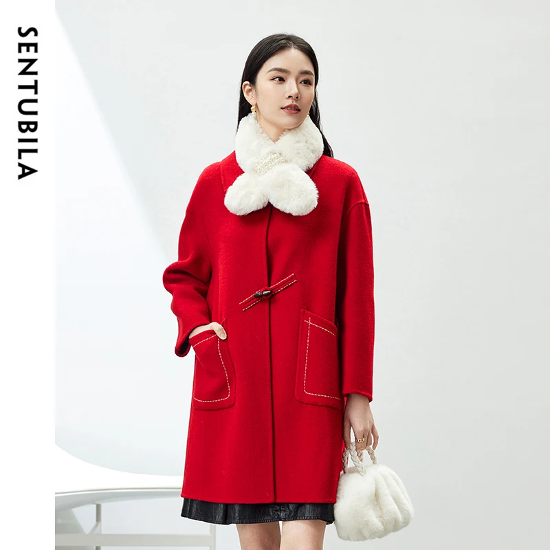 

SENTUBILA Retro 74% Woolen Coat for Women 2024 Winter Straight Bull Horn Buckle Double Double Sided Warm Coat Ladies W44O54574