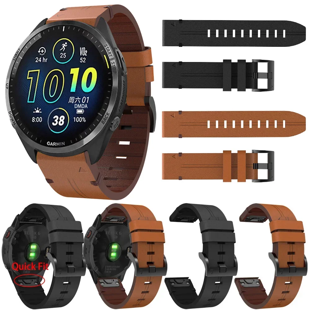 QuickFit  22 26mm Genuine Leather Strap For Garmin Forerunner 965 955 Solar 745 Instinct 2X Approach S70 S60 S62 Smartwatch Band