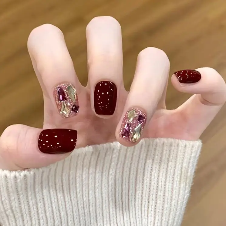 24 Uds. De uñas postizas cuadradas de Ballet, uñas postizas de color rosa desnudo, lazo de perla francesa, uñas postizas con diamantes de imitación