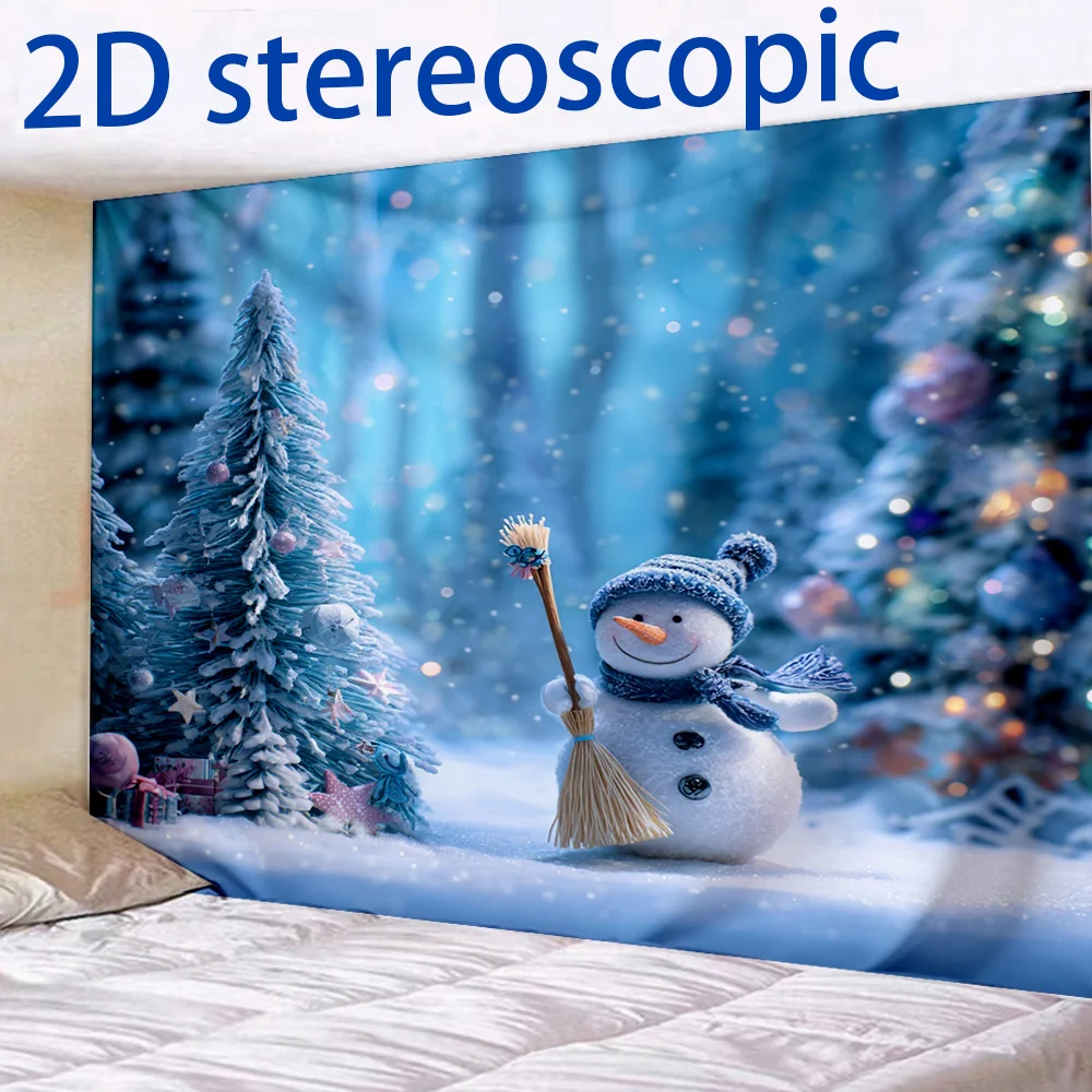 1pc Christmas Snowman & Winter Forest Tapestry Wall Hanging - Playful Snowman with Broom, Colorful Snowy Trees & Twinkling Light