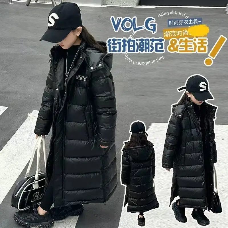 Children's Down Jacket Winter 2025New Boys and Girls' Western Style Thickened Long Over Knee Winter Student Black Coat 100-170cm