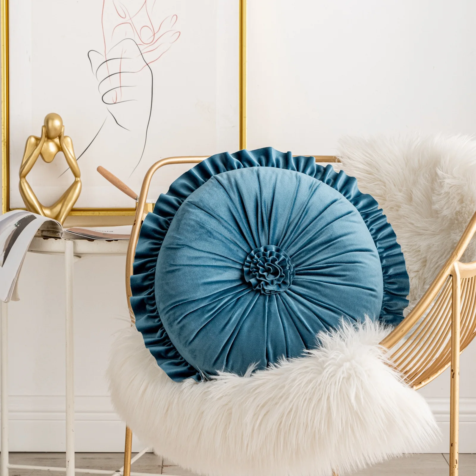 Round Floor Pillow Round Throw Pillow Throw Pillow 35cm PP Cotton Velvet Elastic Ruffled Round Sofa Cushion For Home Decoration