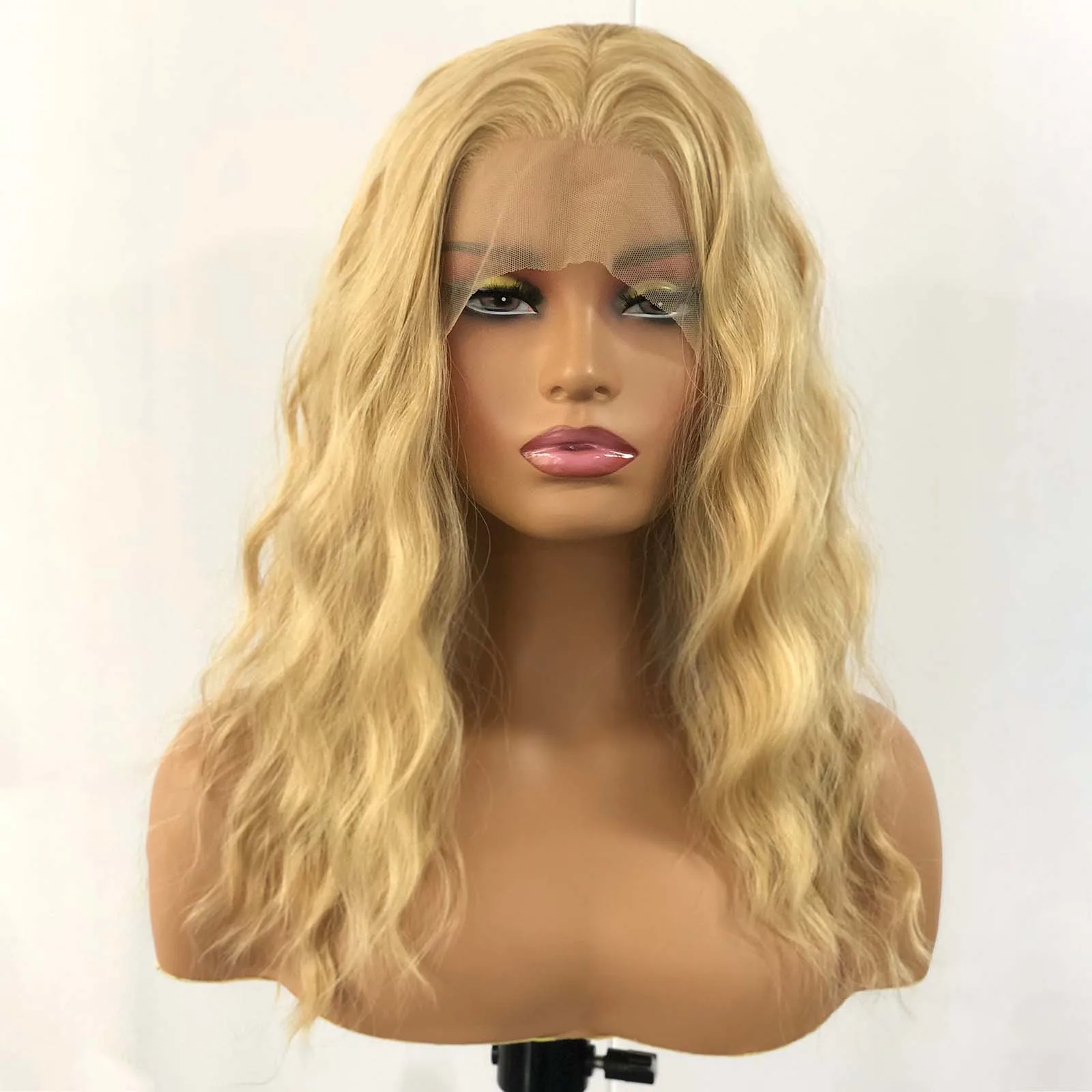 Honey Blonde Highlight Wig Deep Wave Synthetic Lace Front Wig Short Curly Wavy Mixed Colored Hair 13X4 Frontal Wigs for Women