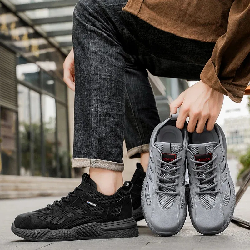 أحذية عمل صيفية مع حماية، أحذية أمان خفيفة الوزن وقابلة للتنفس، كاب قدم فولاذي، أحذية عمل للرجال، أحذية شبكية للبناء