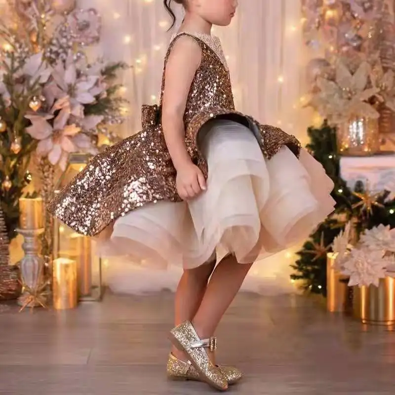 Glitter Sequins Flower Girls Dresses Princess Puffy Ball Gowns Wedding Party Baby First Communion Gowns Costume For Little Girls