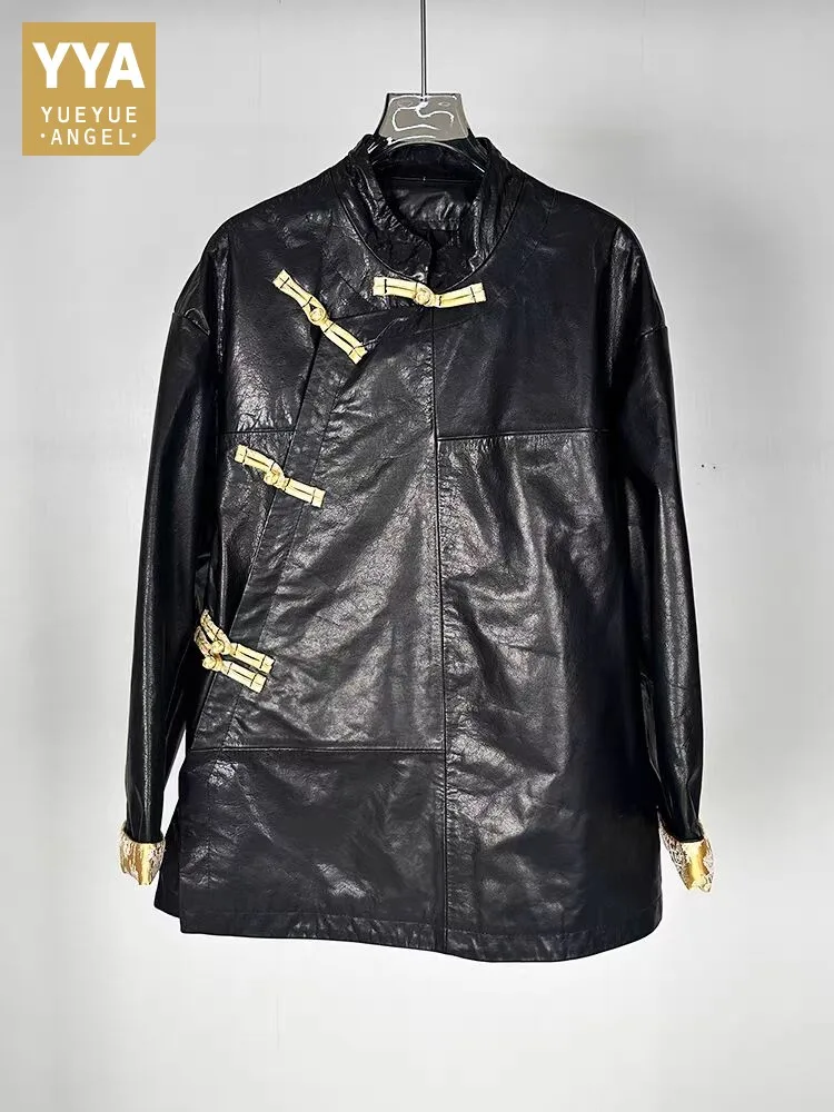 

Spring Women High Quality Genuine Leather Jacket Long Sleeve O-Neck New Chinese Style Cowhide Jackets Loose Retro Button Coat