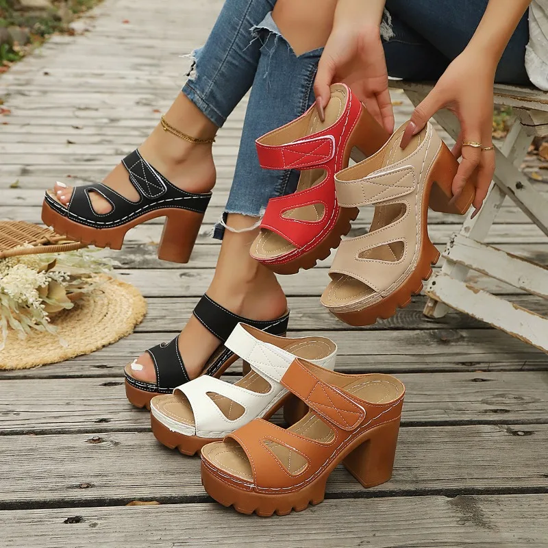 

Women's Hollow Out Fish Mouth Open Toe Anti Slip Wear-resistant Comfortable High Heel Slippers Women Vintage Casual Sandals