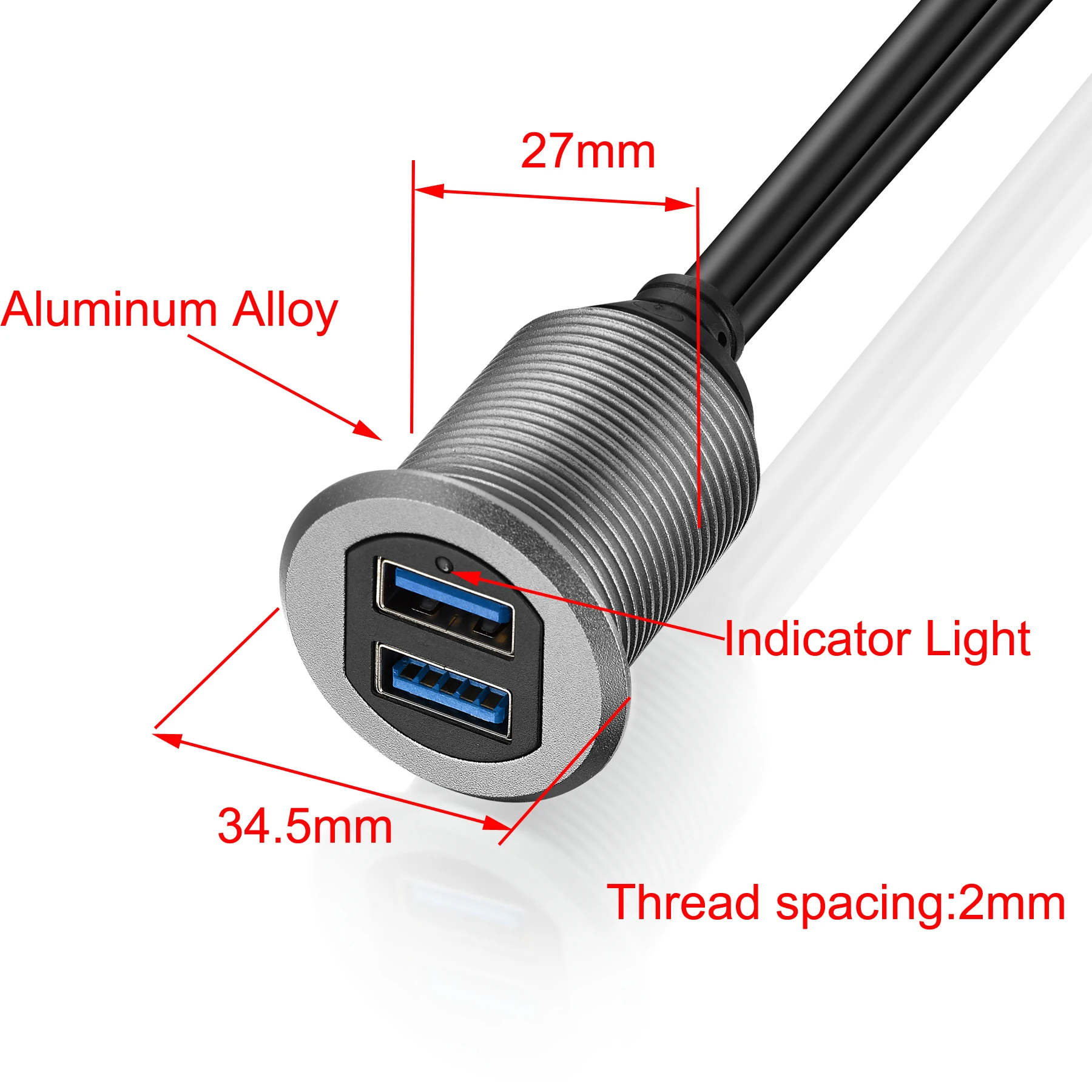 Bochara Flush Mount Panel Dual USB3.0 USB2.0 Male to Female Extension Cable With Indicator Light Aluminum Alloy Shell For Car 1m