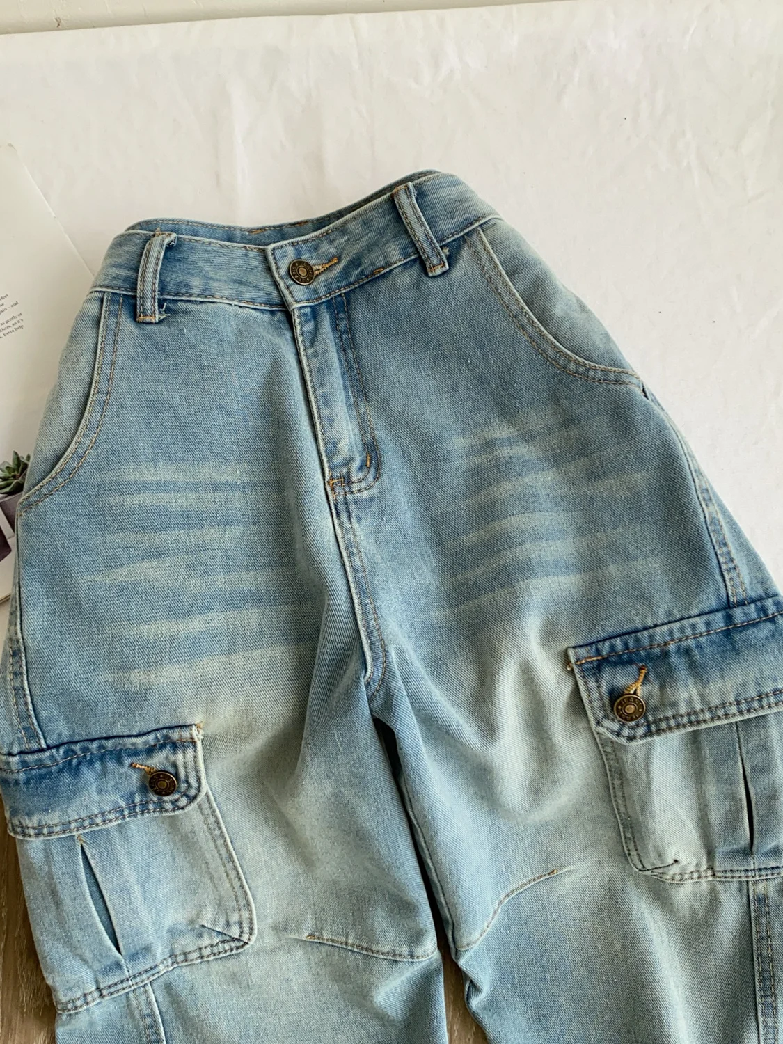 High Waist Loose Women's Jeans Commute Style Multi Pocket Light Blue Denim Pants Slimming Casual Wide Leg Trousers Autumn