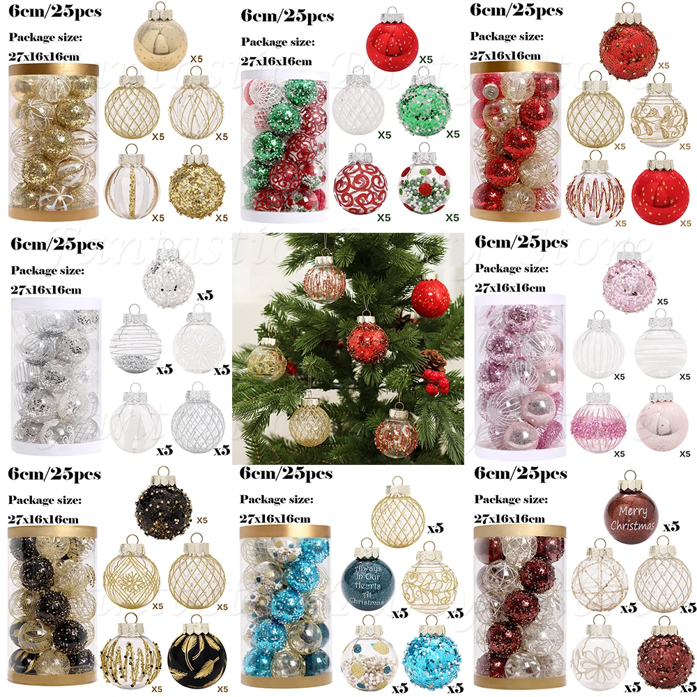 

25 шт., набор украшений из рождественских шаров, украшение для рождественской елки, красный, зеленый, золотой, подвесной рождественский небьющийся шар, Новый год 2025 г.