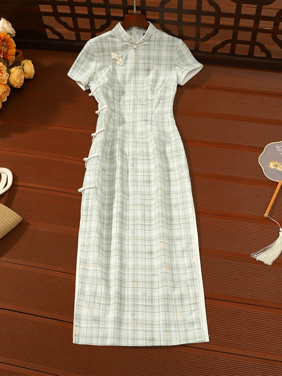 

Женское зеленое платье в клетку в стиле ретро Цзяннань Фу, повседневное, дышащее, длинное, с коротким рукавом, с низким разрезом, весенняя коллекция