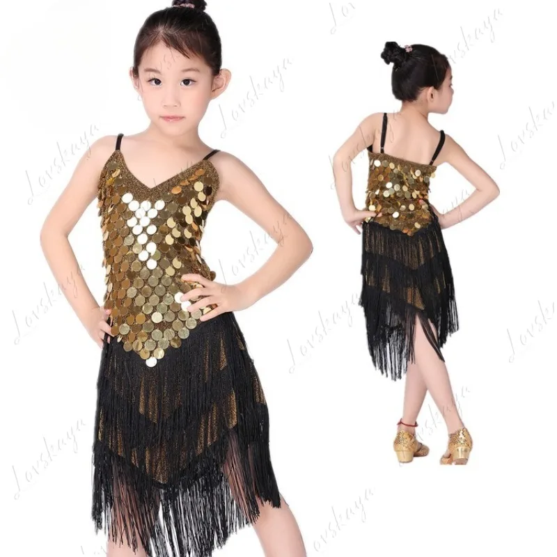 라틴 댄스 공연 의상을 위한 어린이용 스팽글 드레스, 공연용 어린이용 프린지 드레스, 무대 대회 의상