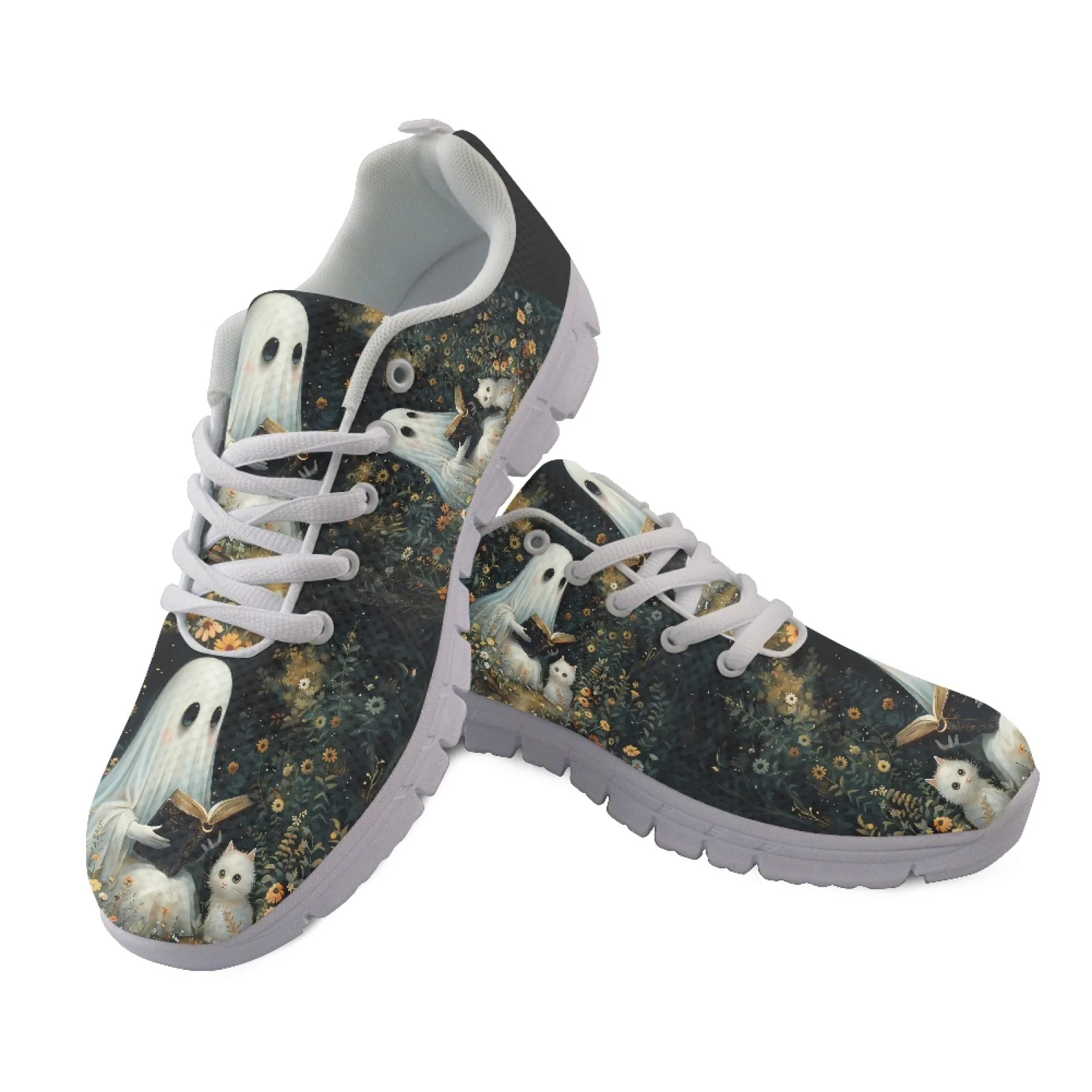 Coloranimal Halloween Ghost Pumpkin Mesh EVA Sole Womens Athletic Walking Sneakers Breathable Lace up Running Shoes for Training