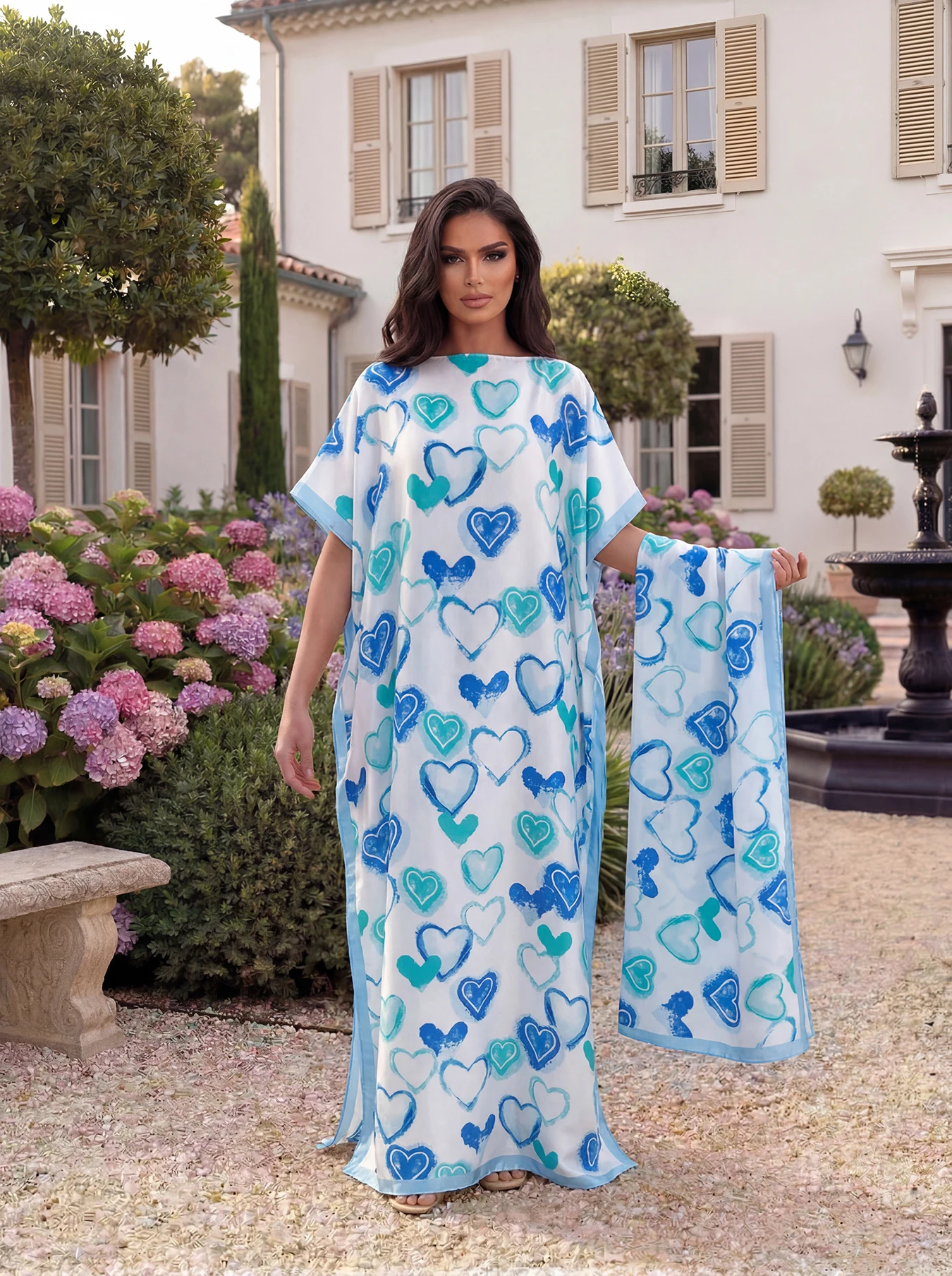 

Elegant Summer African Kaftan Dress for Women Printed Silk Muslim Long Hijab Oversize Kuwait Abaya Fashionable Lady Shawl Scraf