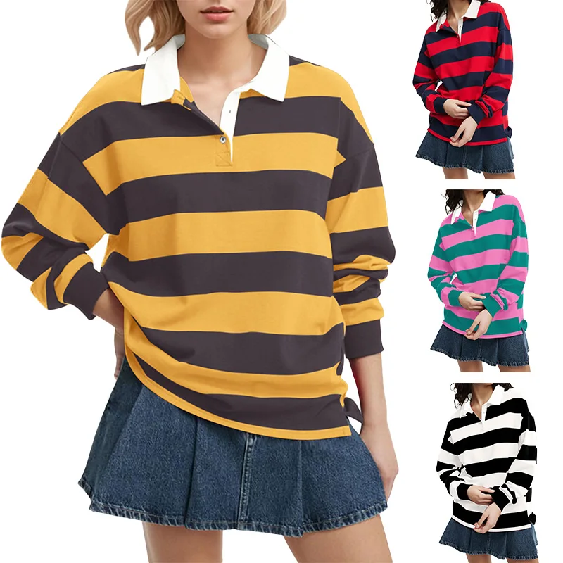 

Wholesale Stock Women Striped Lapel Tops Heavyweight Loose Fit Long Sleeve Rugby Jersey Sportswear Casual Golf Polo Shirts