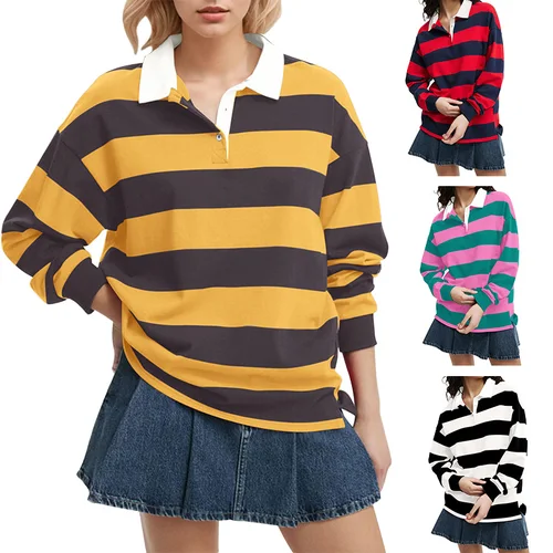 Polo de manga larga a rayas informal holgado para mujer, Top sencillo y cómodo con bloques de Color para ir al trabajo, superventas, otoño 2025