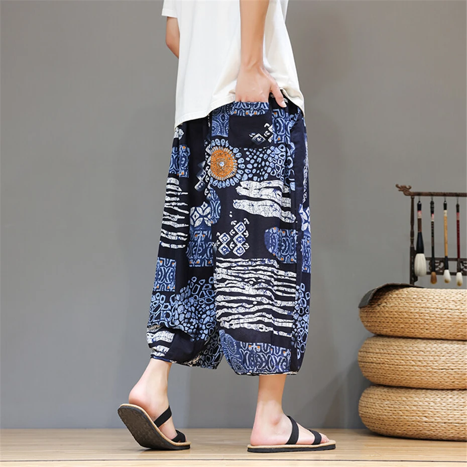 Large Size Harem Shorts Mens Summer Thin Cotton Linen Casual Trousers Men Harajuku Chinese Style Baggy Calf Length Pants Male