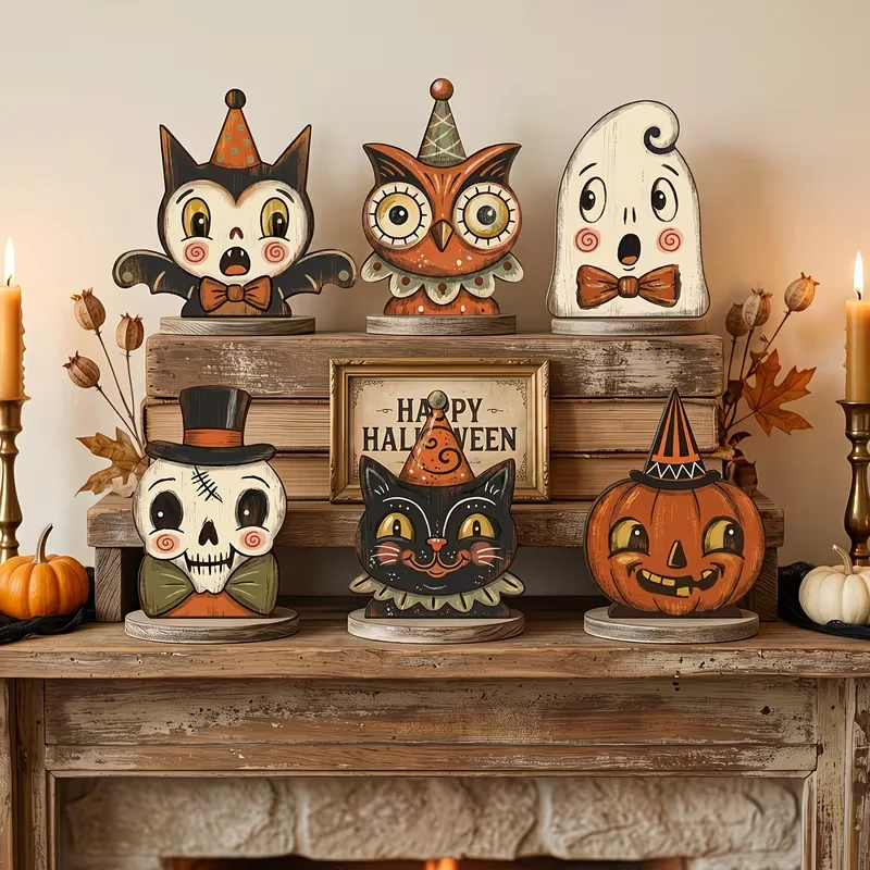 Halloween-Innendekoration, Vintage-Holzblöcke zur Regaldekoration, Einweihungsgeschenke – Detail 1