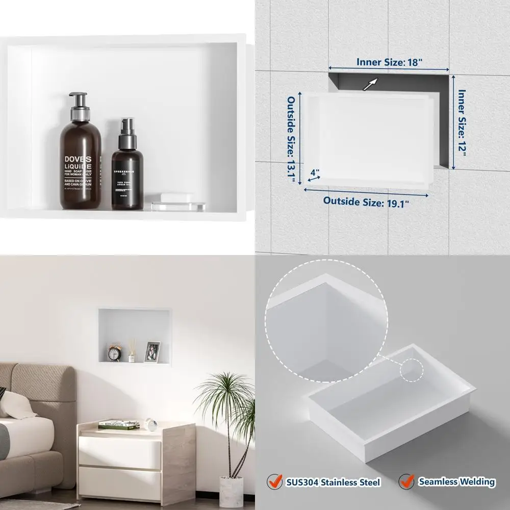 

Matte White Stainless Steel Shower Niche, 18 x 12 Wall Recessed Shelf for Bathroom, No Tile Required Storage Solution