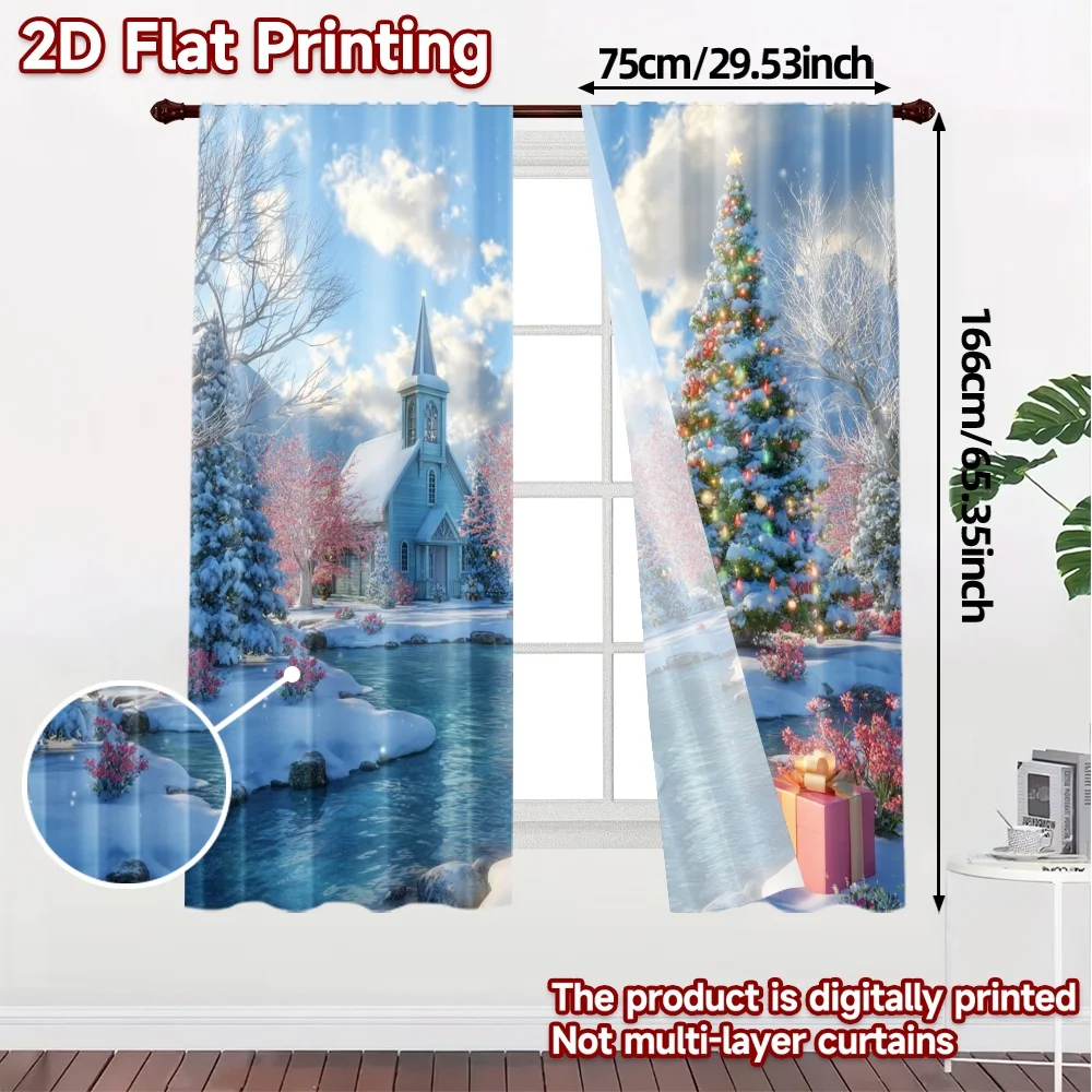 2pcs, 2D FLAT PRINTING Curtains (Without Rod) Winter Wonderland Popular Creative Curtains Versatile Polyester Fabric Curtains