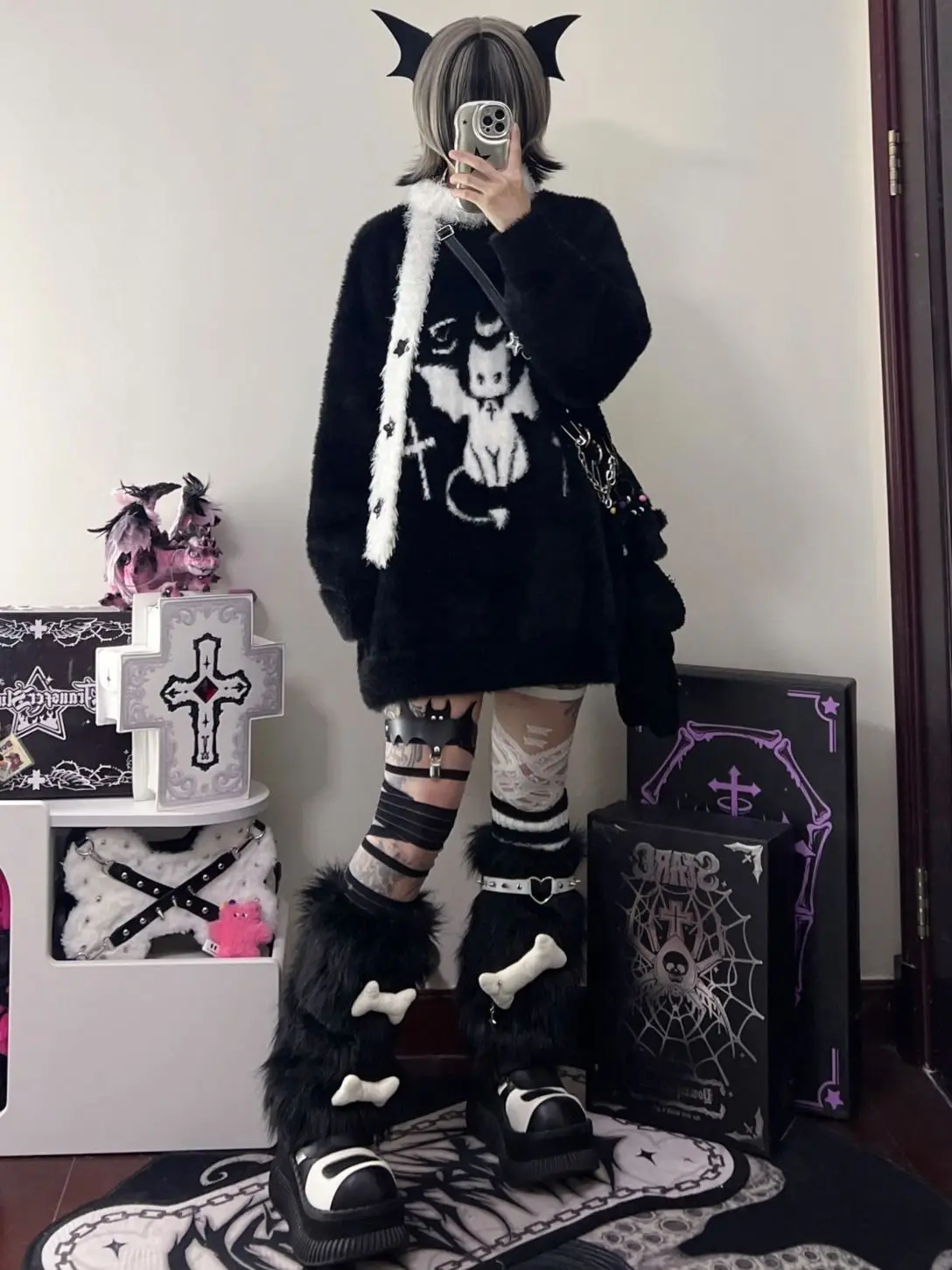 Artificial Mink Fur Soft Sweater Warm Winter Coat for Girls Devil Cat Embroidery Grunge Y2K Top Harajuku Couples Punk Pullover