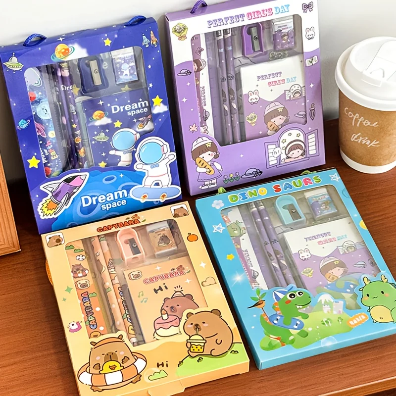 3-Piece Cartoon Stationery Set, Cute Stationery Items, Christmas/Birthday Gift, Includes Pen, Notebook, Eraser, Pencil Sharpener, and Ruler, Suitable for Office Supplies, Classroom Rewards