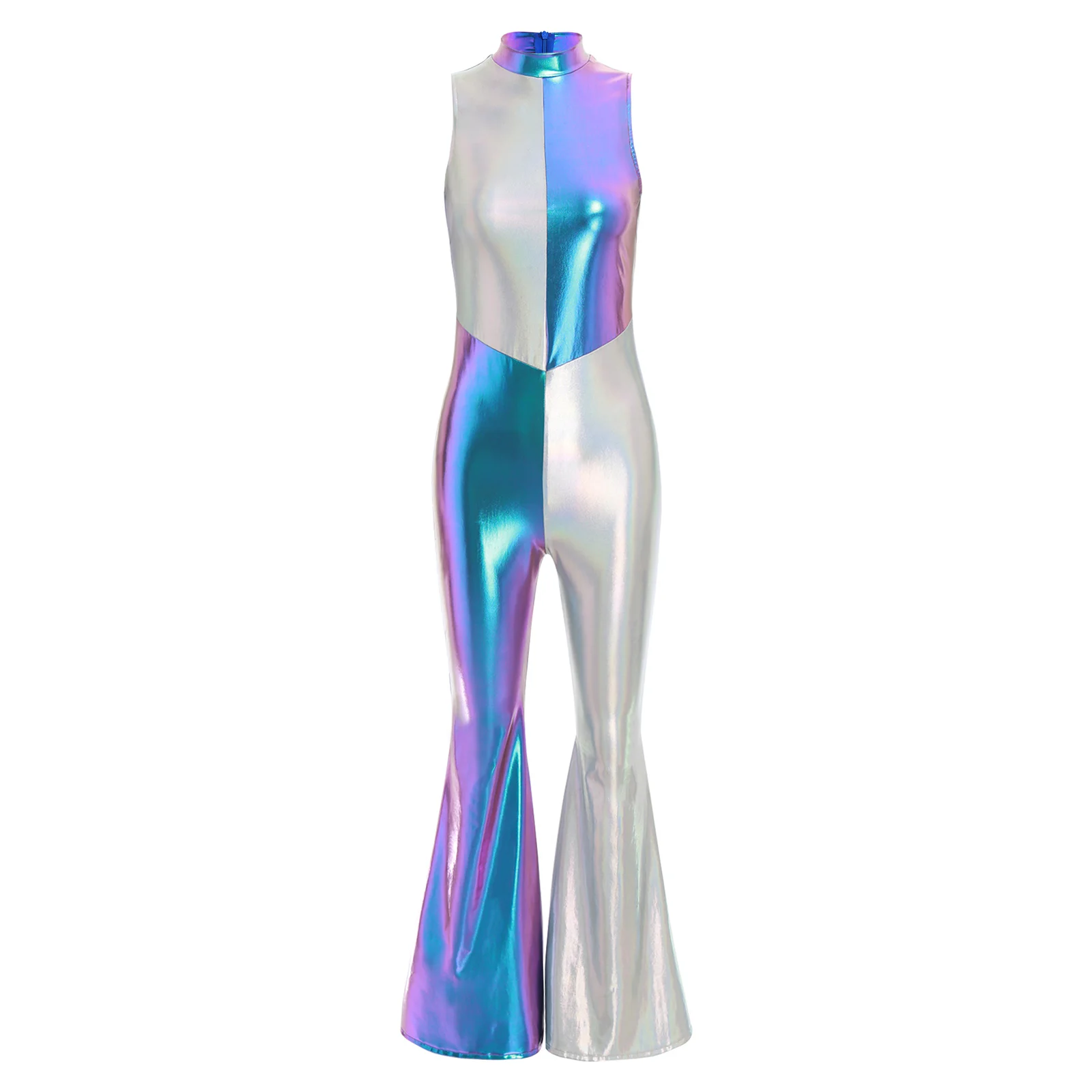 

Womens 70s Disco Metallic Shiny Contrast Color Jumpsuit Mock Neck Sleeveless Flared Pants Bodysuit Back Zip Bell Bottom Rompers