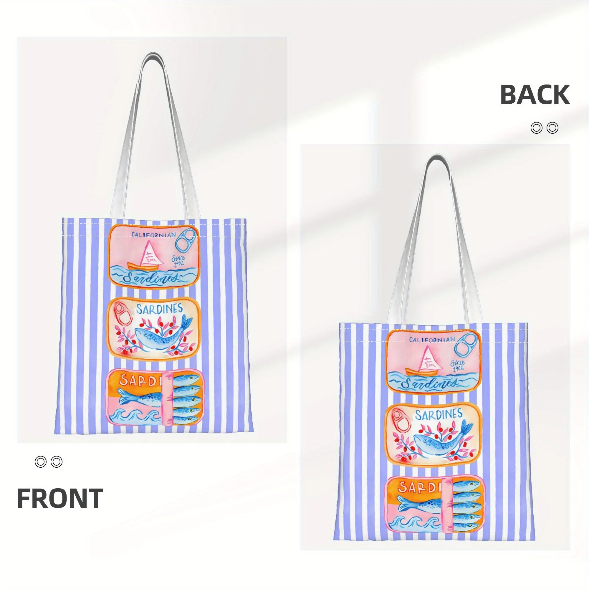 A Sardine Pattern Print Canvas Tote Bag, Suitable For Daily Use, Shopping, School, And Travel
