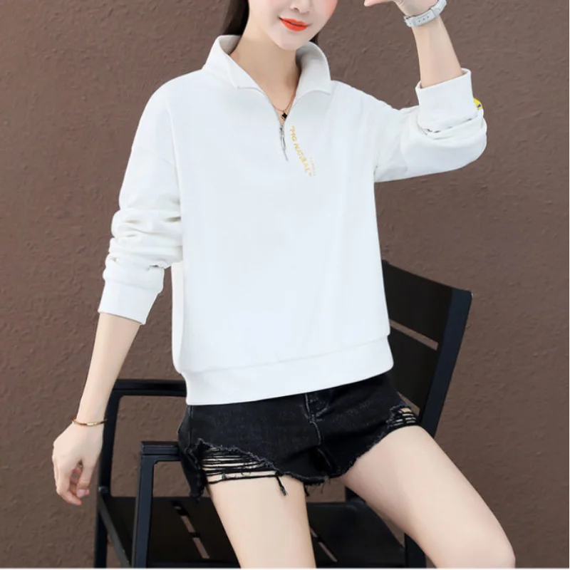 Women\'s Clothing Oversize Versatile Fashion Autumn and Winter New Zipper Letter Standing Neck Long Sleeve Solid Color Pullover