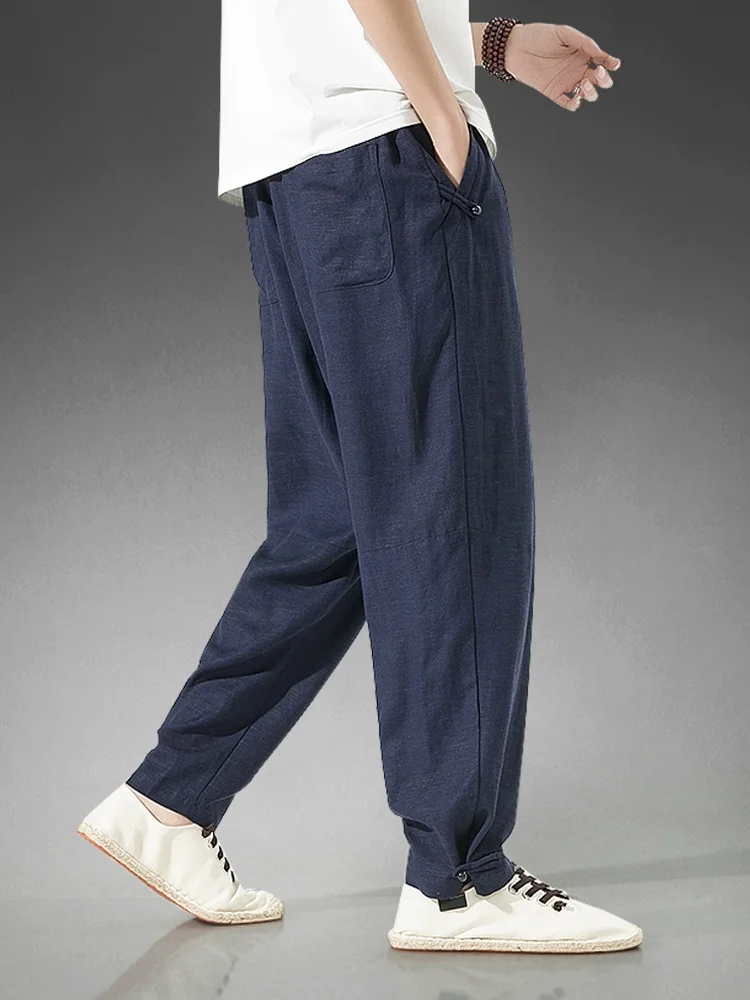 

Летние мужские повседневные брюки из льна: тонкие, свободные, широкие шаровары, хлопково-льняные, на пуговицах, длинные, модные, прямого кроя