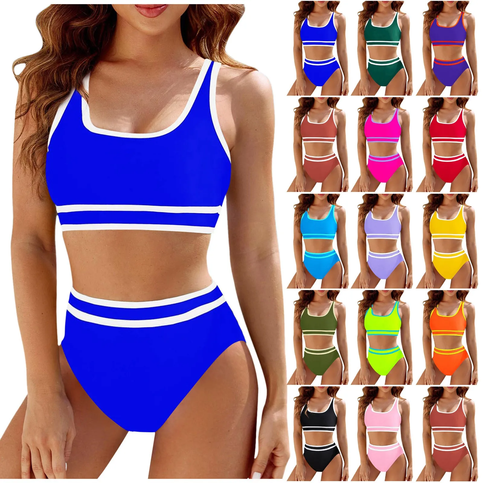 Bikini 2024 damskie zestawy Bikini z wysokim stanem sportowe dwuczęściowy strój kąpielowy Color Block wysokie cięcie kostiumy kąpielowe туника