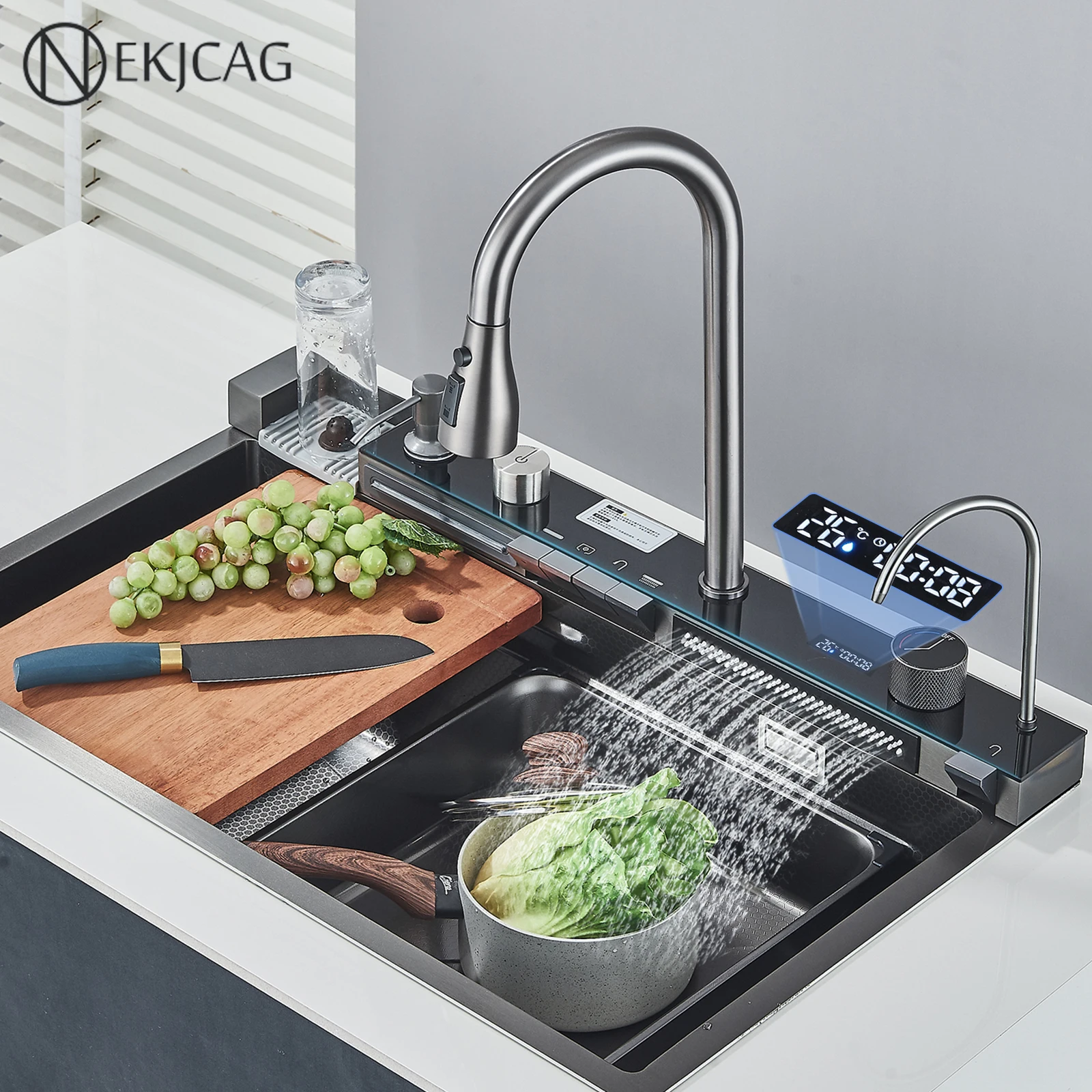 Kitchen Sink with Faucet Digital Display 304 Stainless Steel Large Single Slot Integrated Multifunction Waterfall Rain Sink Set