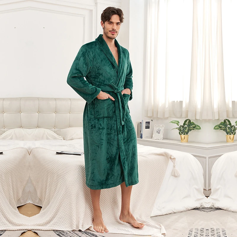 Thickened Flannel Men Robe Sleepwear Autumn Winter Warm Coral Fleece Bathrobe Gown Nightwear Loose Casual Home Wear Loungewear