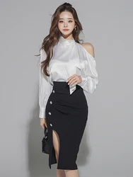 Spring Autumn Korean 2 Piece Set Elegant Casual White Satin Loose Hollow Shirt Tops High Waist Slit Midi Skirt Women Lady Outfit