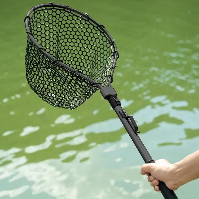 Fishing Net With Handle Telescoping Fishing Landing Net Portable Silicone Mesh Folding Fish Hand Net Fishing Gear Accessorie