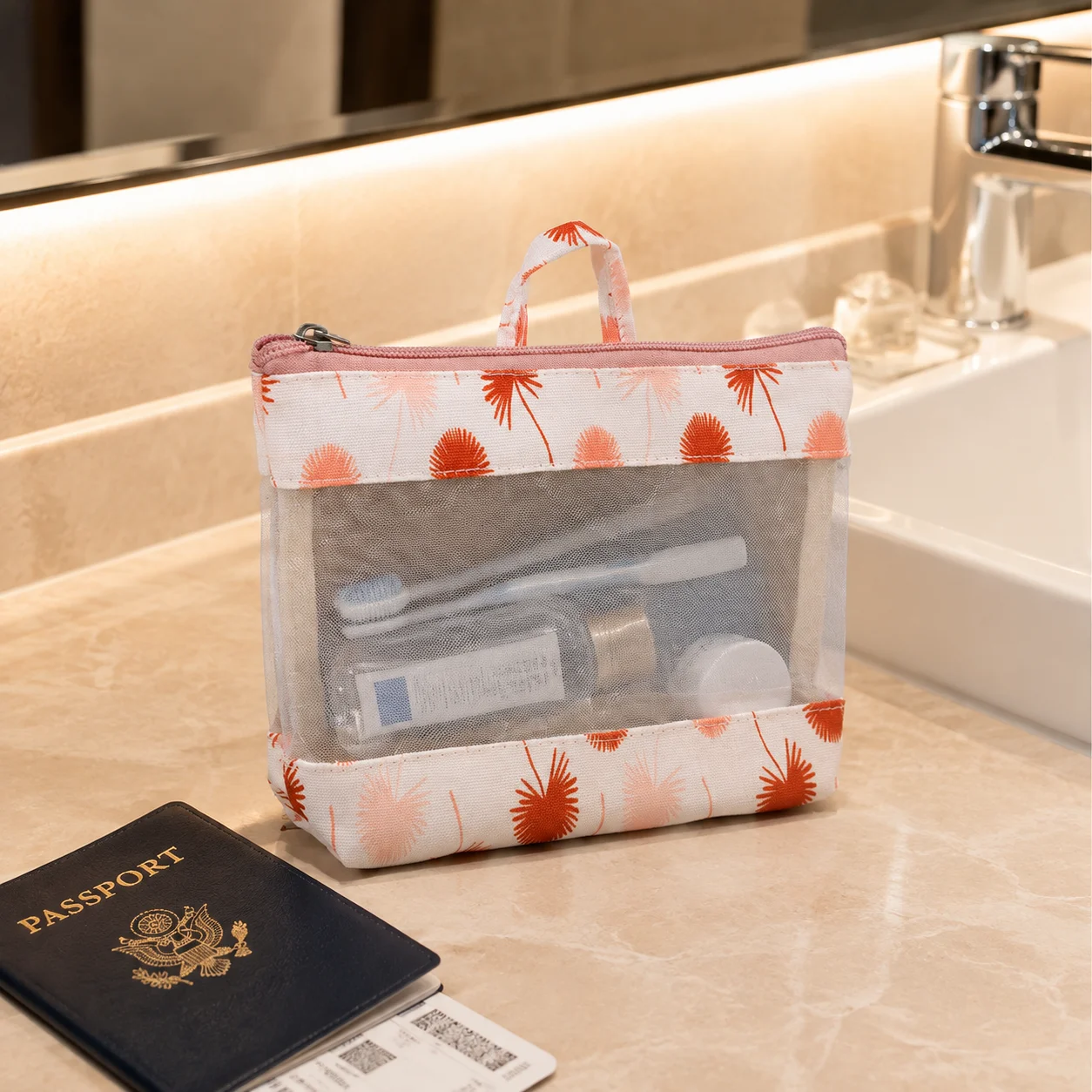 Pink Mesh Splice Cosmetic Bag for Women Makeup Storage Travel Toiletry Pouch Cosmetic Organizer