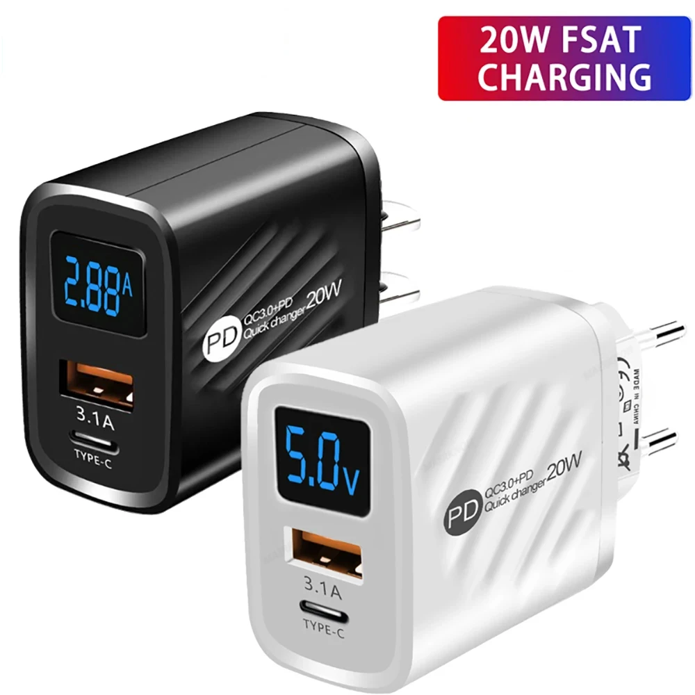 USB Type C Charger 20W PD Fast Charging Digital Display Phone Charge Adapter Quick Charge EU /US/UK Plug Travel Wall Charger