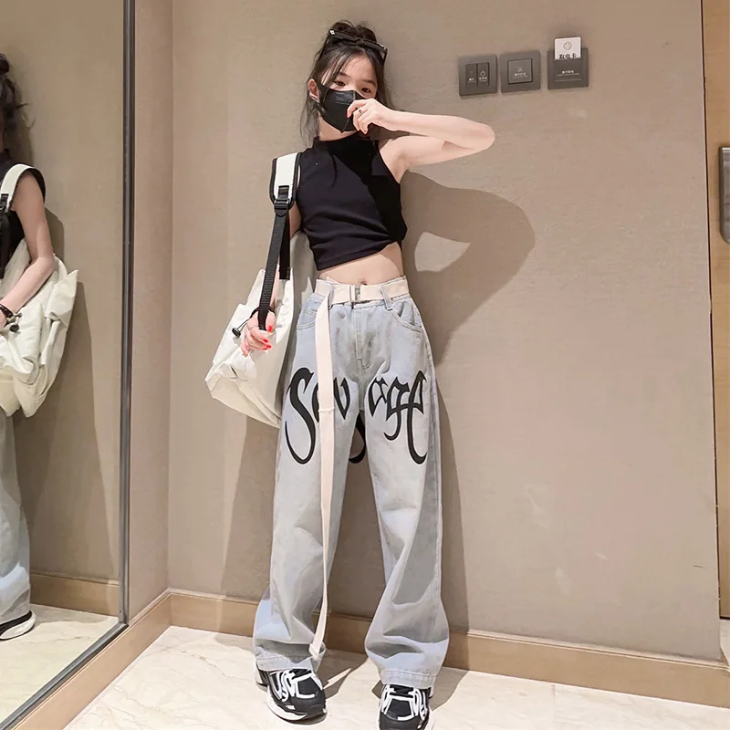 Teenages Girls High Waist Jazz Jeans 2024 New Letter Print Casual Relaxed Wide Leg Drop Floor Dragging Pants Childrens pants