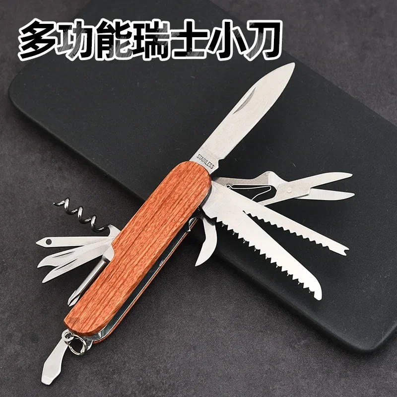 New Wooden Handle Swiss Knife 11 In 1 Portable Folding Army Knife EDC Multitool Survival Gadgets Camping Emergency Tools