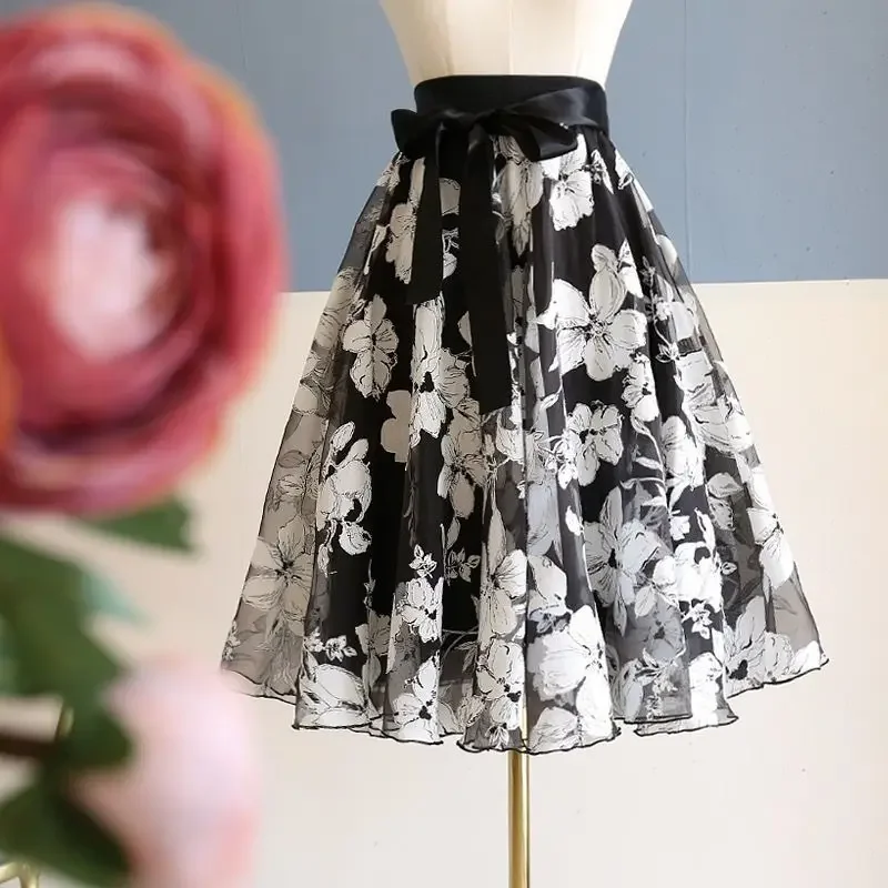 

Women Skirt Bandage Bandage Tunic Jupe Vintage A-line Korean Saia Loose Print Summer Skirts Faldas Mujer XQ814