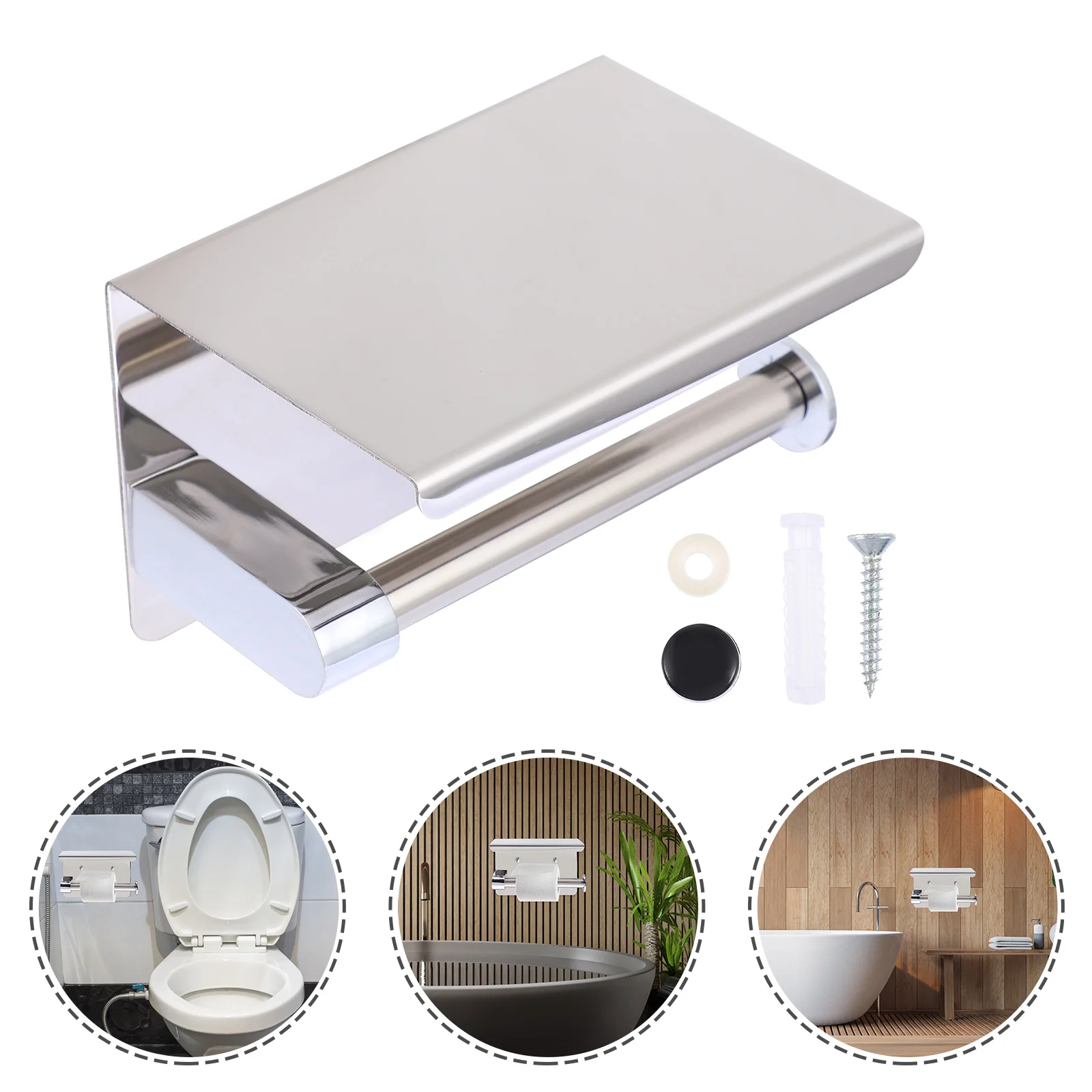 

Stainless Steel Bathroom Tissue Holder Paper Storage Rack Phone Plate Wall Mount Silver Easy Install Sticker Screws Stable
