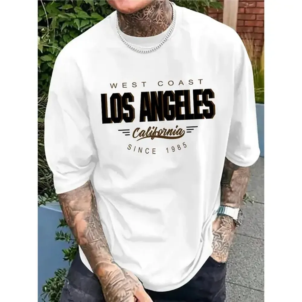 Cotton Short Sleeve T-Shirt Vintage Style West Coast Los Angeles Print T-Shirt for Men - Casual Polyester Knit Fabric, Unisex, Summer Collection, Round Neck, Loose Fit, Elasticity, Printed Pattern Design, Plus Size