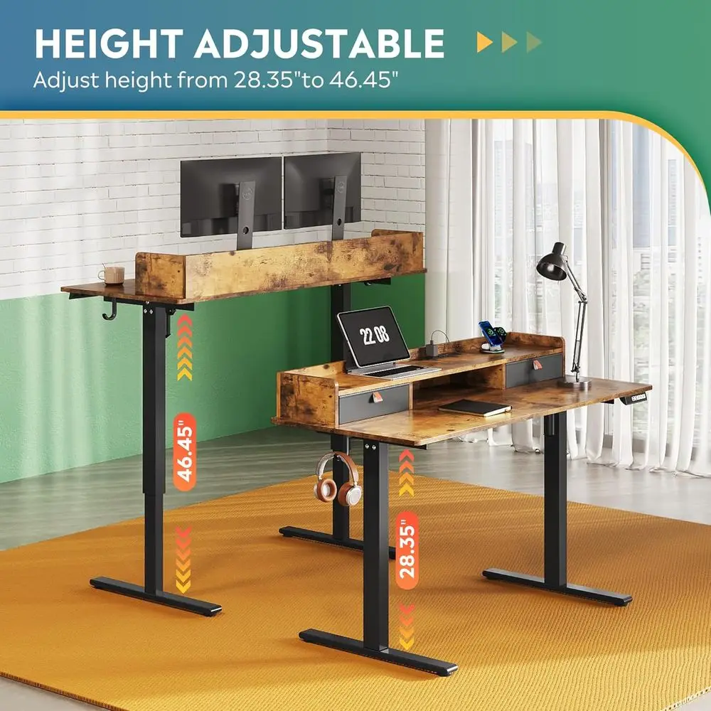 Rustic Brown Electric Standing Desk: 55x28 Inches with 3 Adjustable Heights, Drawers, Storage Shelf, USB Outlets, and Memory Pre