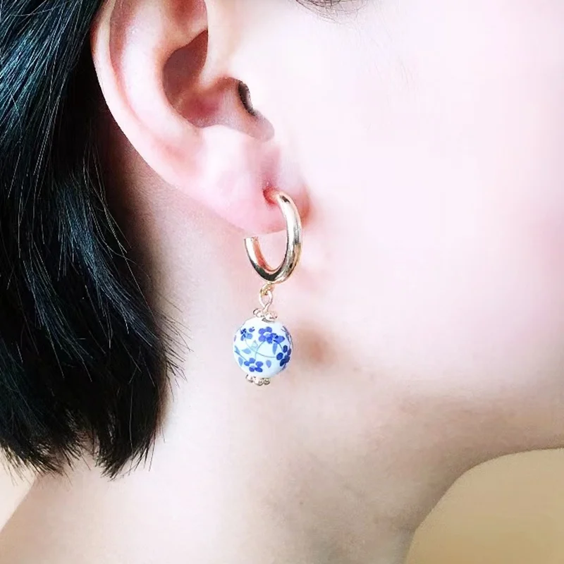 Europe and America Simplicity Fashion Bead National Style Blue and White Porcelain Minority Design  Jewelry for Women  Earring