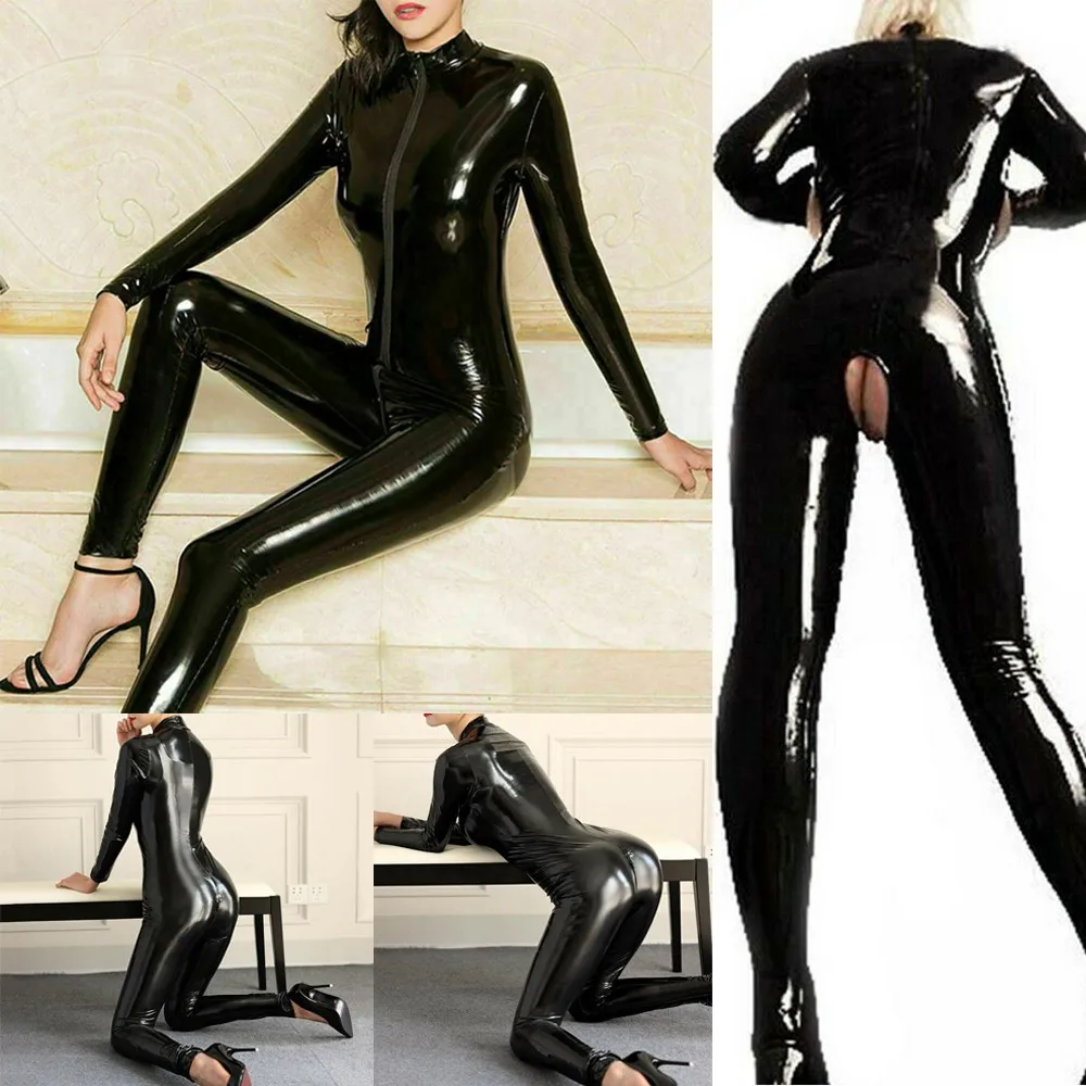 女性用 PVC オープンクロッチ ジャンプスーツ クラブウェア - ウェットルック レザー ボディスーツ コスチューム ブラック パーティー ナイトアウト用 サイズ M-3XL